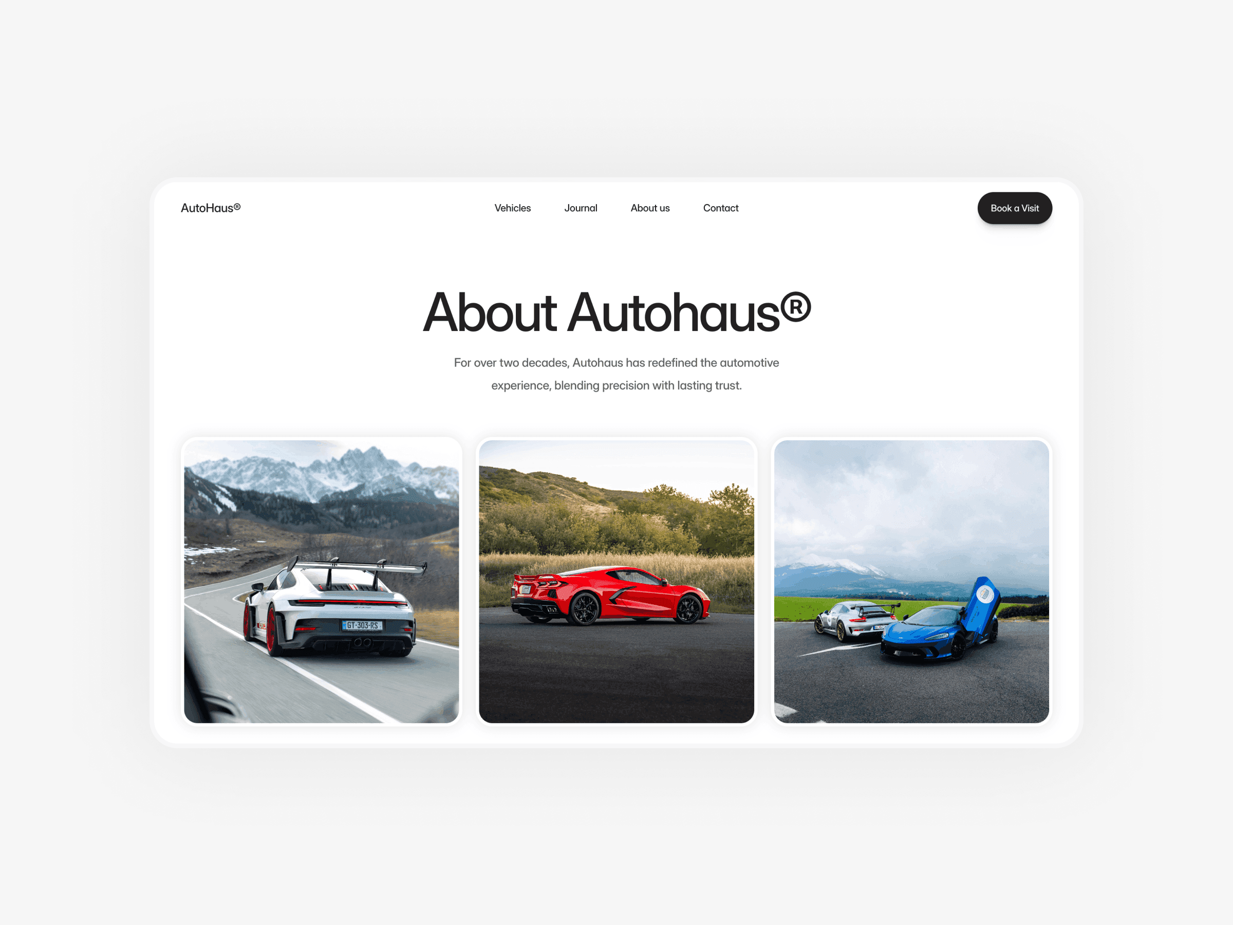 Car dealership About page layout with vehicle images and a clean, minimal structure