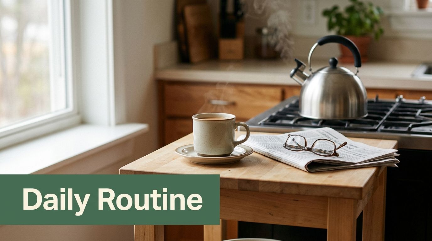 A steaming mug of coffee, eyeglasses, and a newspaper on a wooden kitchen table.