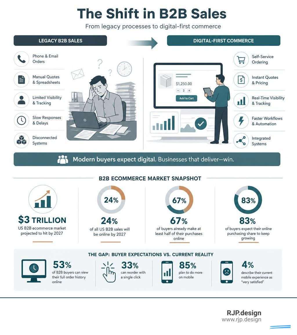 Infographic showing shift from legacy B2B sales processes to digital-first ecommerce with key market stats infographic