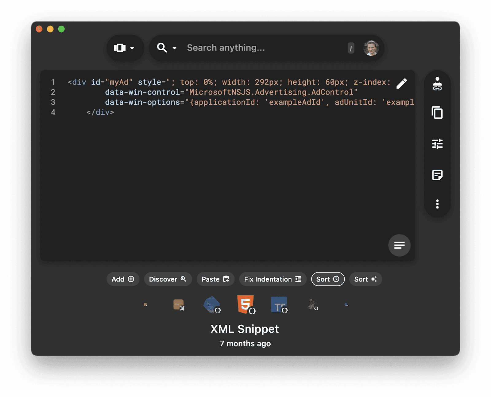 A saved snippet in the Pieces Desktop App.