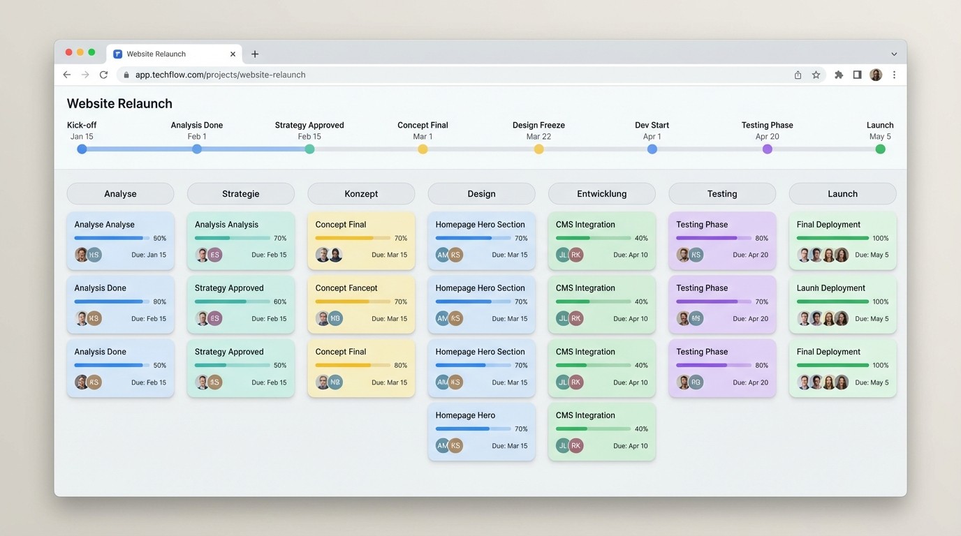 Projektboard im Browser zeigt die Phasen eines Website Relaunch Projekts