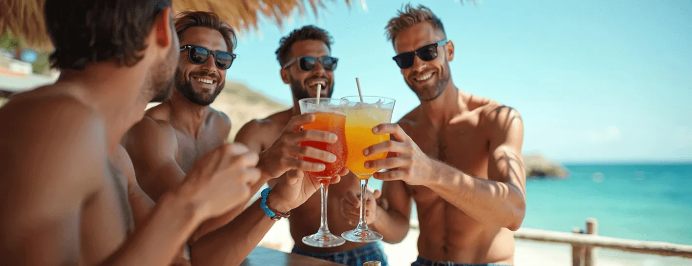 Four smiling men toast with cocktails at a Fiji beach bar, with the blue ocean in the background at Uprising Beach Resort