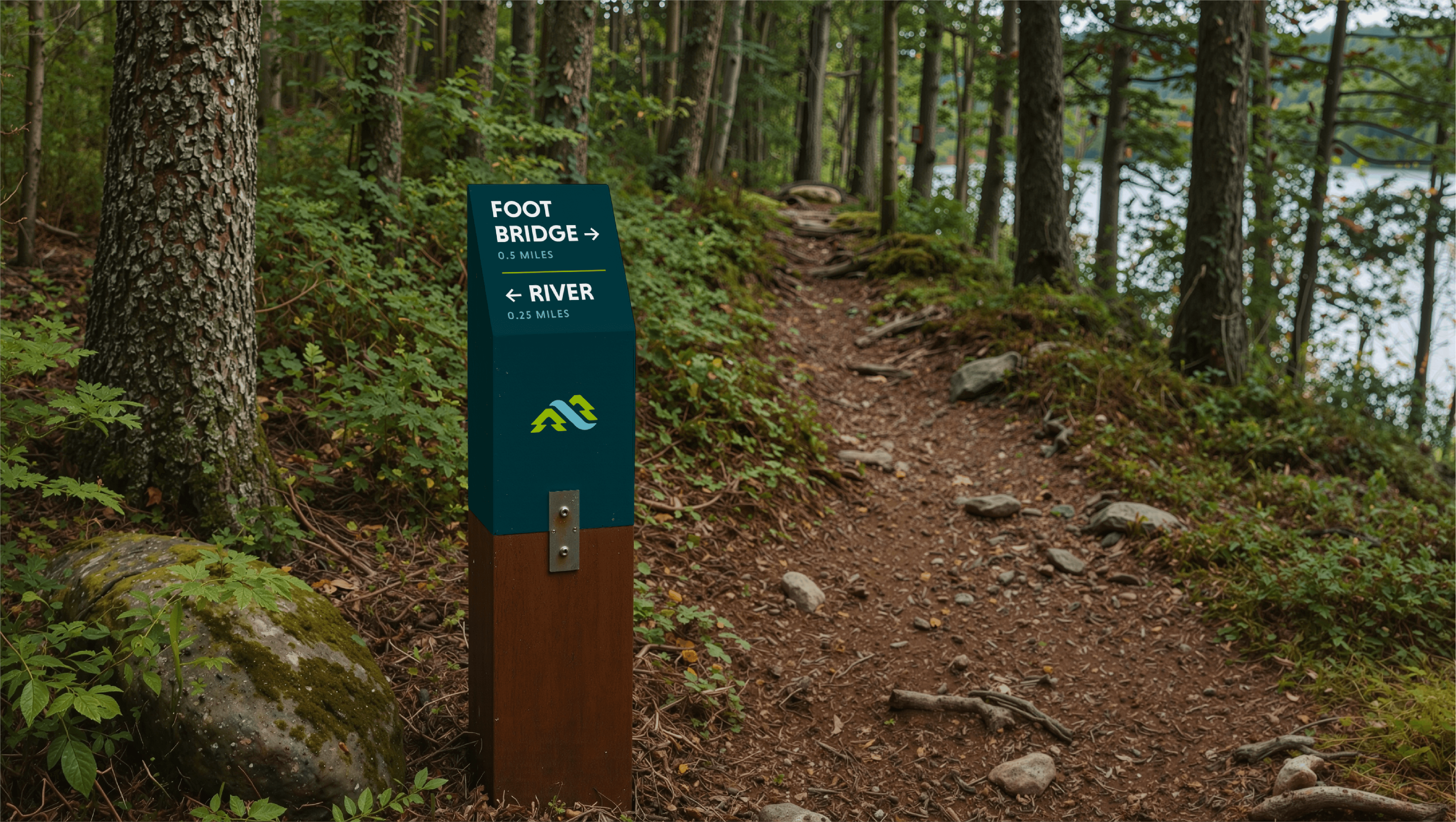 Trail directional sign indicating footbridge and river distances along wooded hiking path