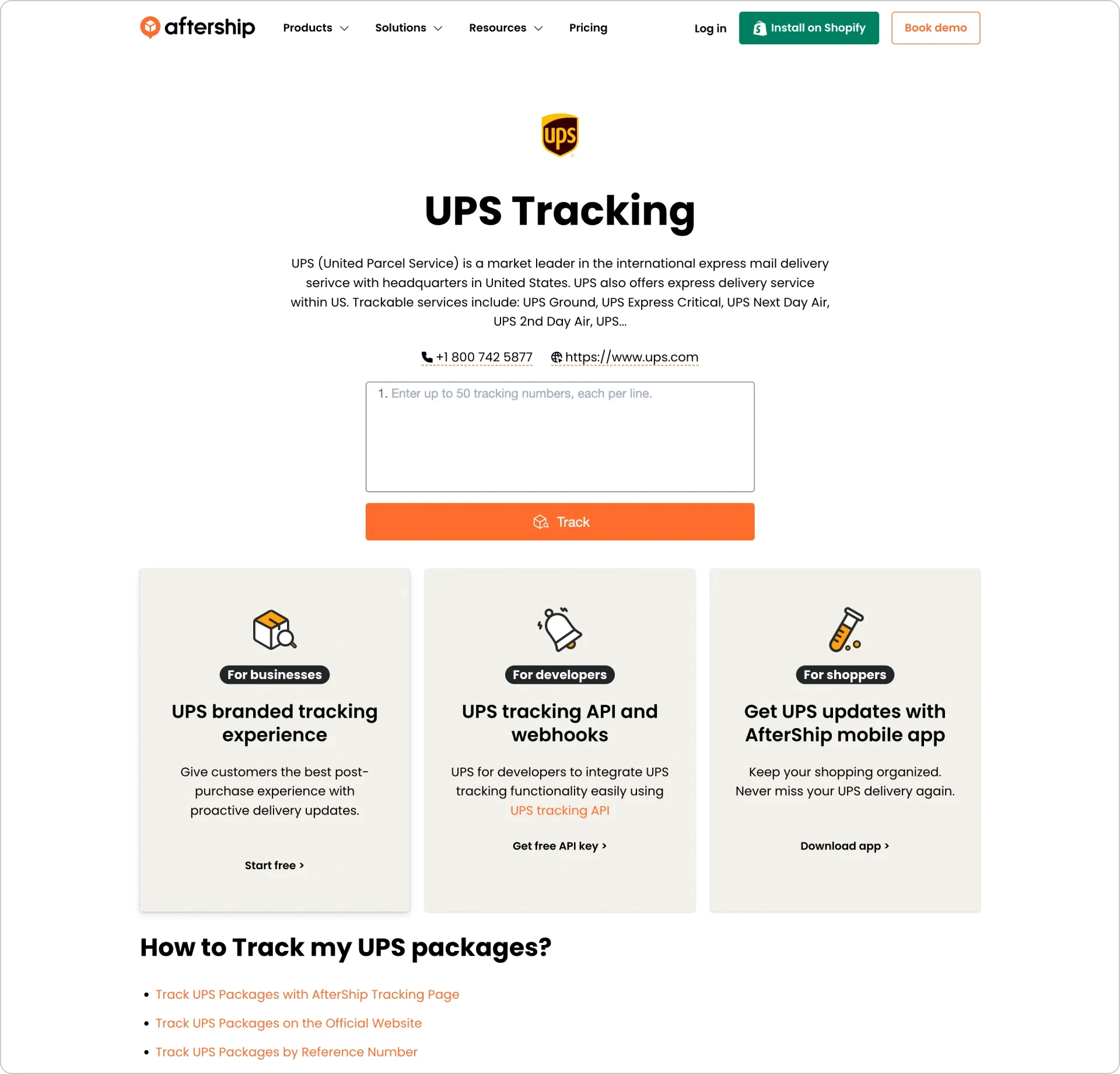 A landing page for UPS shipment tracking