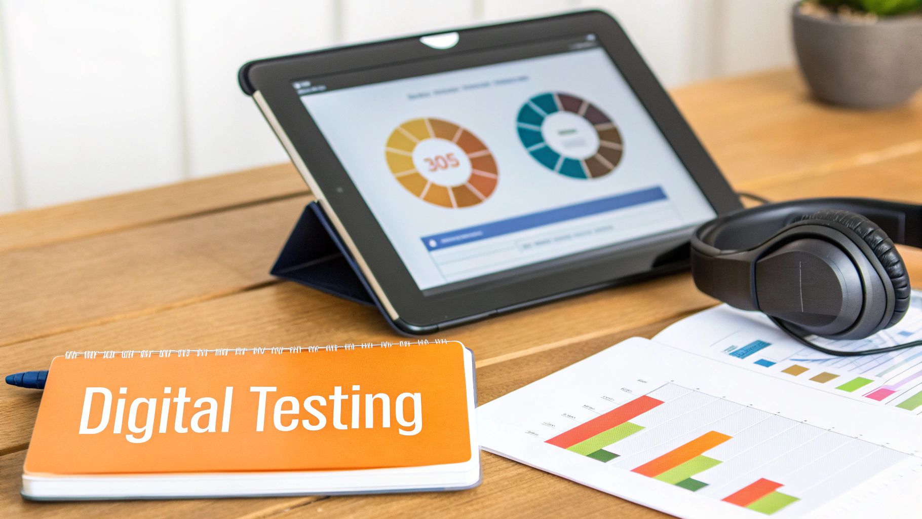 A desk setup with an orange 'Digital Testing' notebook, a tablet displaying data charts, and black headphones.