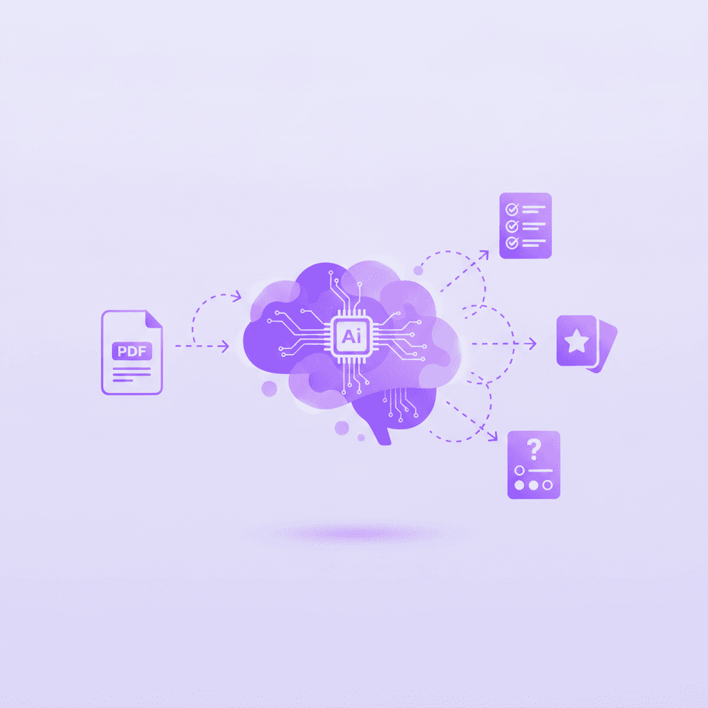 Diagram illustrating how artificial intelligence turns uploaded notes into distinct study resources.