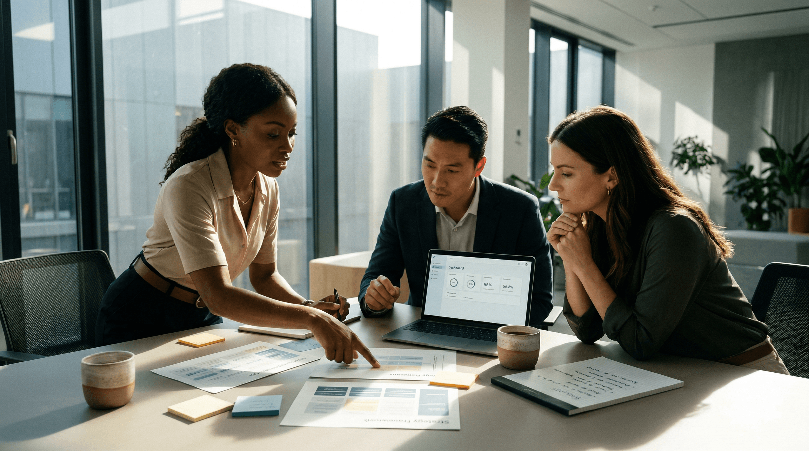 Three sales professionals gathered around a conference table in a modern office, reviewing a sales strategy framework document alongside a laptop dashboard — representing the process of building a structured sales enablement strategy for an industrial OEM sales team.