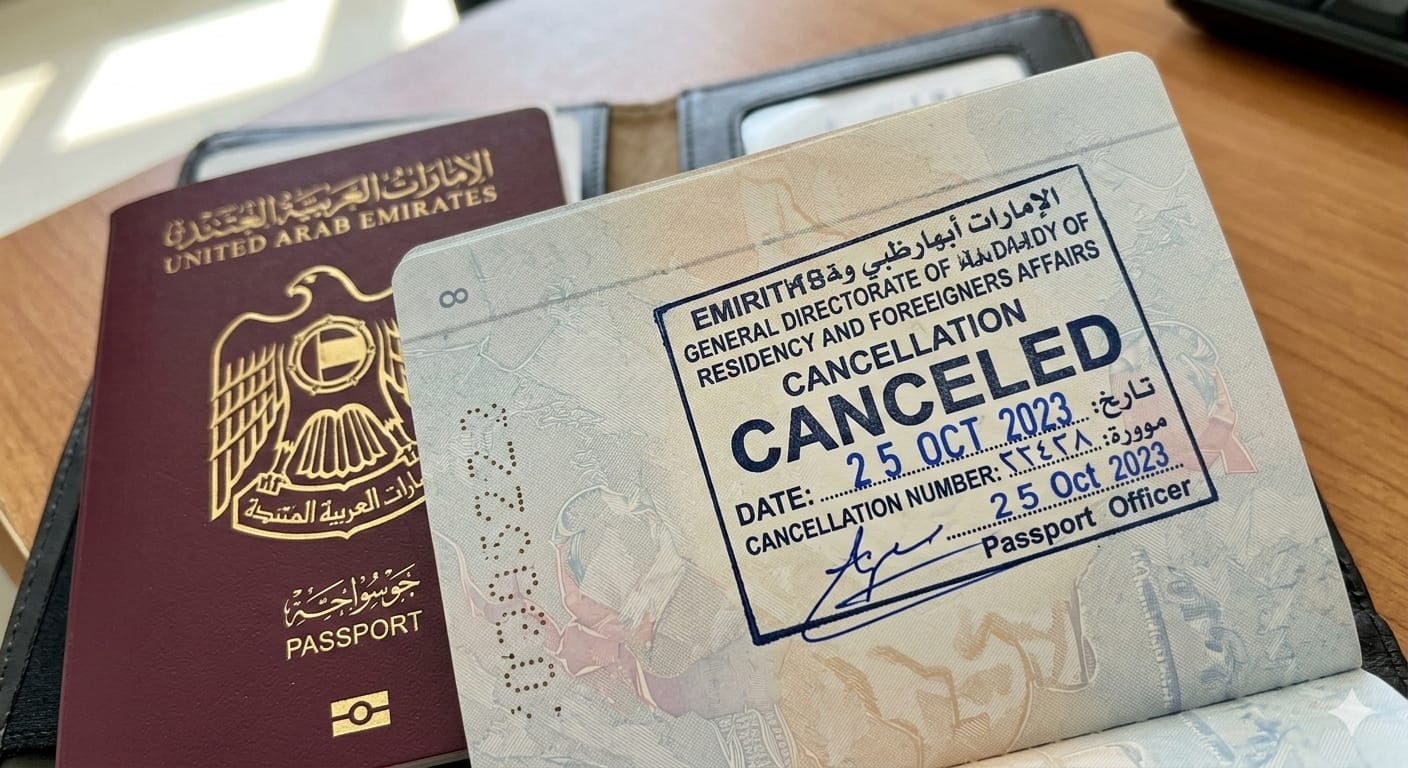 A close-up shot of an open passport page with the 'Canceled' stamp. 
