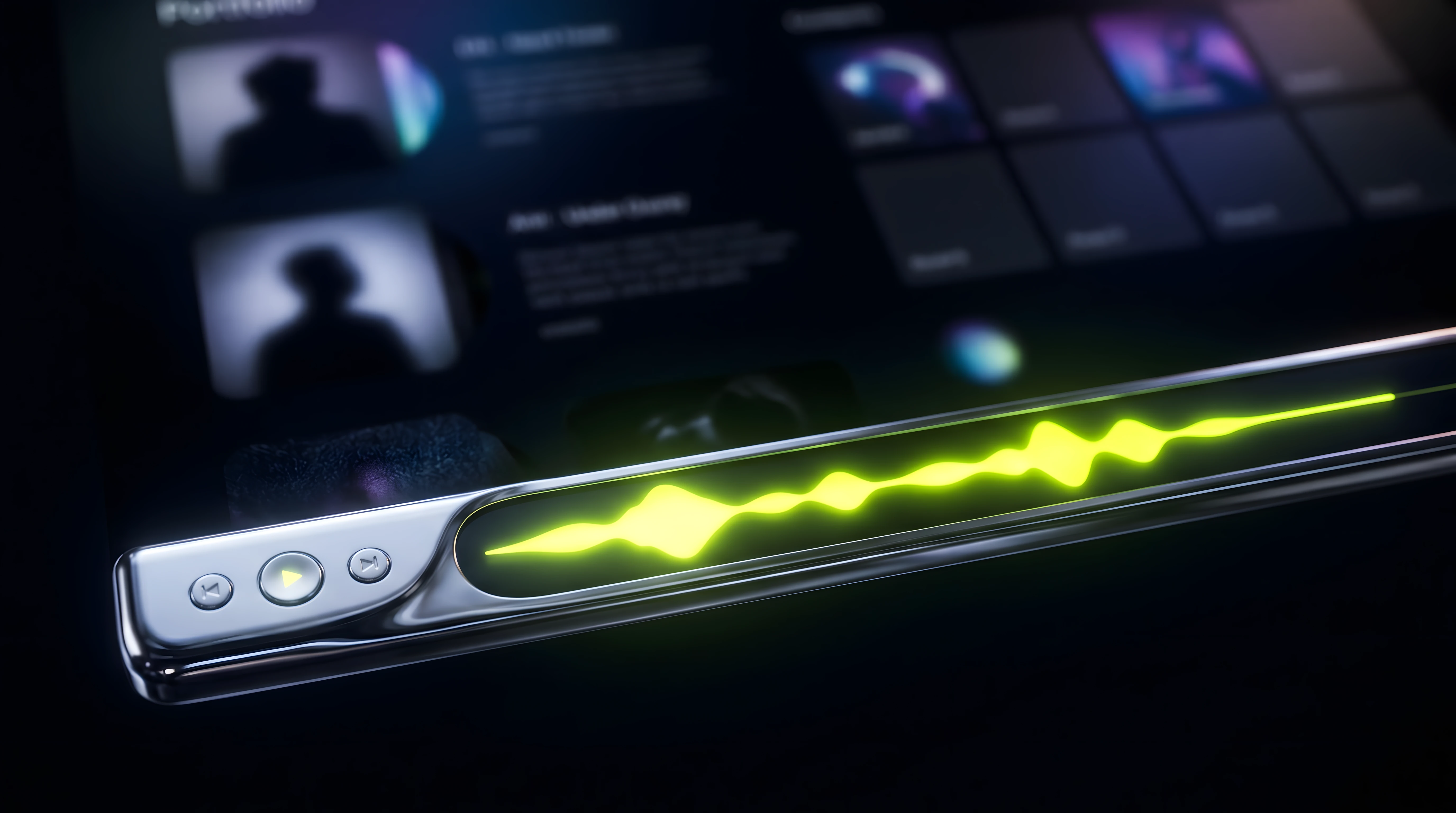 Sticky persistent audio player anchored to the bottom of a producer portfolio site, glowing toxic lime waveform on liquid chrome bar, deep void background