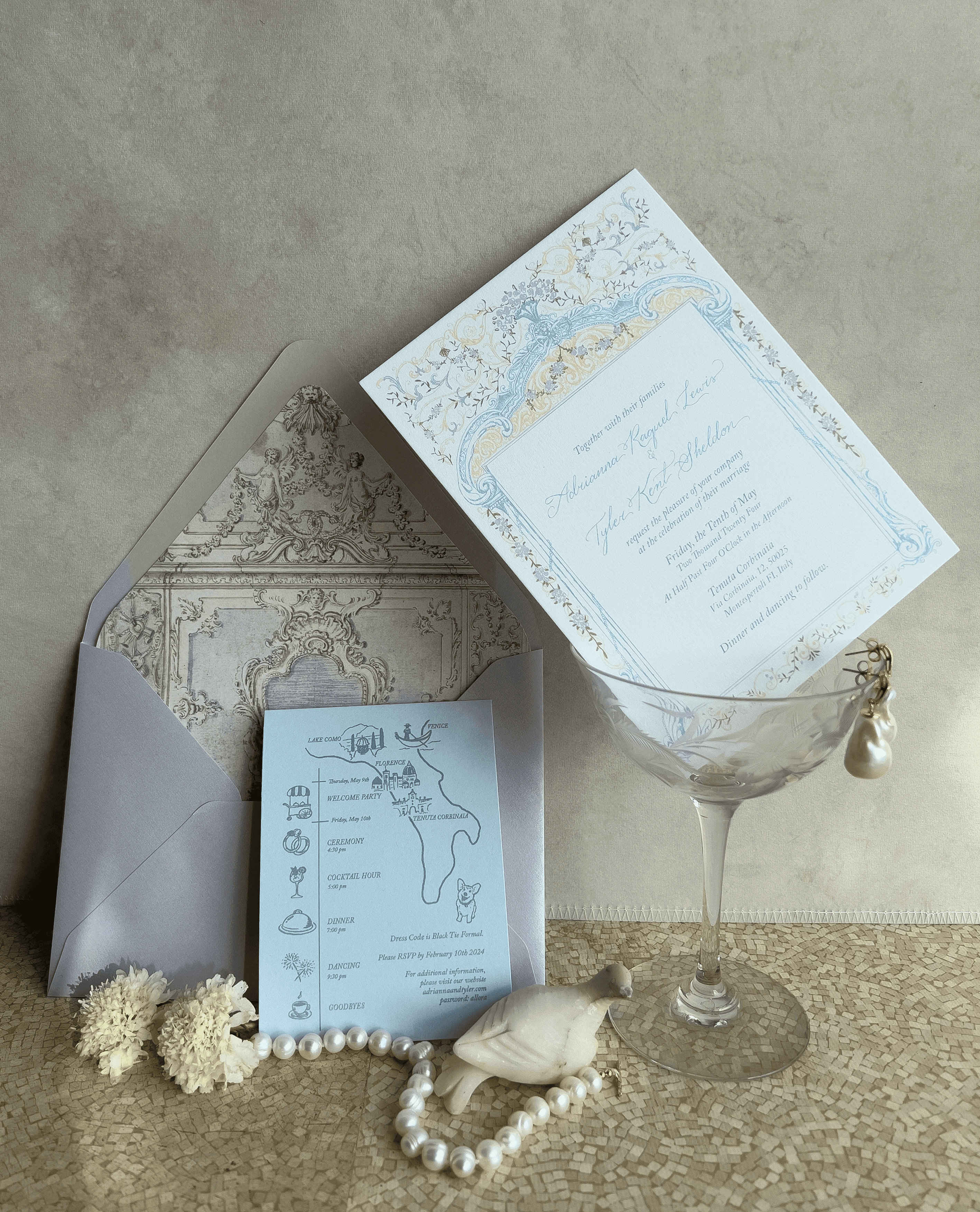 Elegant, romantic vintage inspired wedding invitations for a wedding in Tuscany, Italy. 