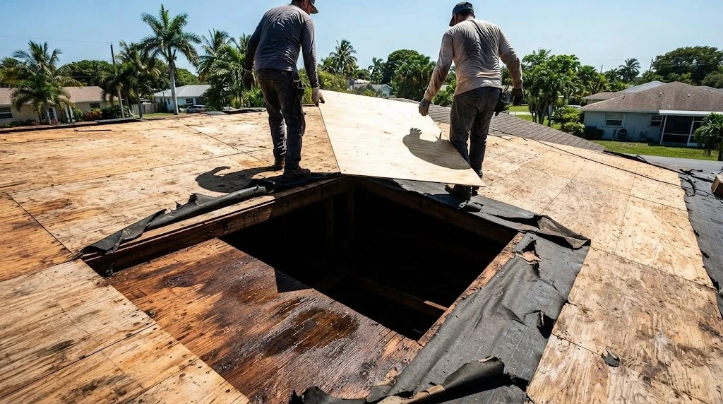 Exposed roof deck during a South Florida tear-off with a rotten section cut out and a replacement sheet being fitted