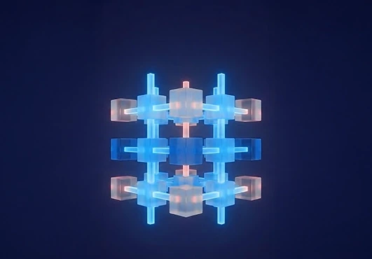 Organized 3D grid with glowing cyan lines structuring geometric shapes, symbolizing the transformation of raw data into a clear, intuitive SaaS product architecture and user-centered design