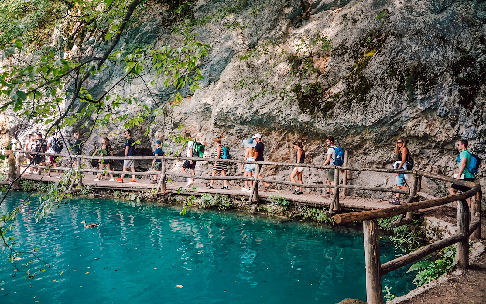 Tour group walking on a wooden path by turquoise water at Plitvice Lakes National Park.