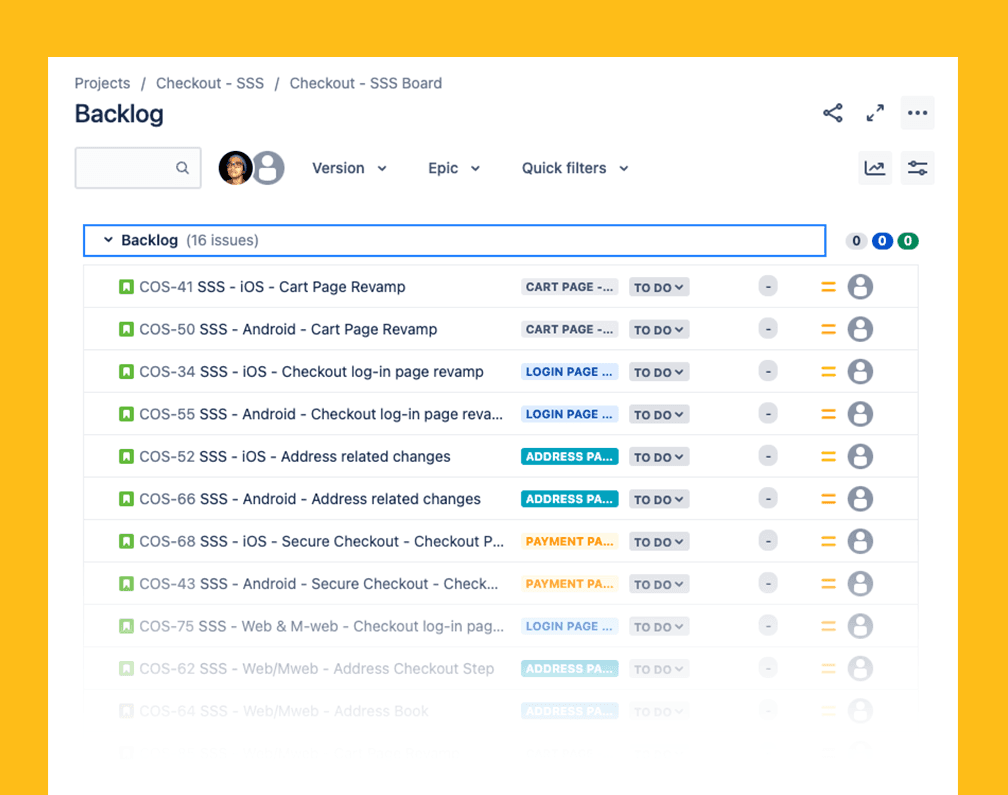 Screenshot of jira dashboard for sun and sand sports checkout flow project