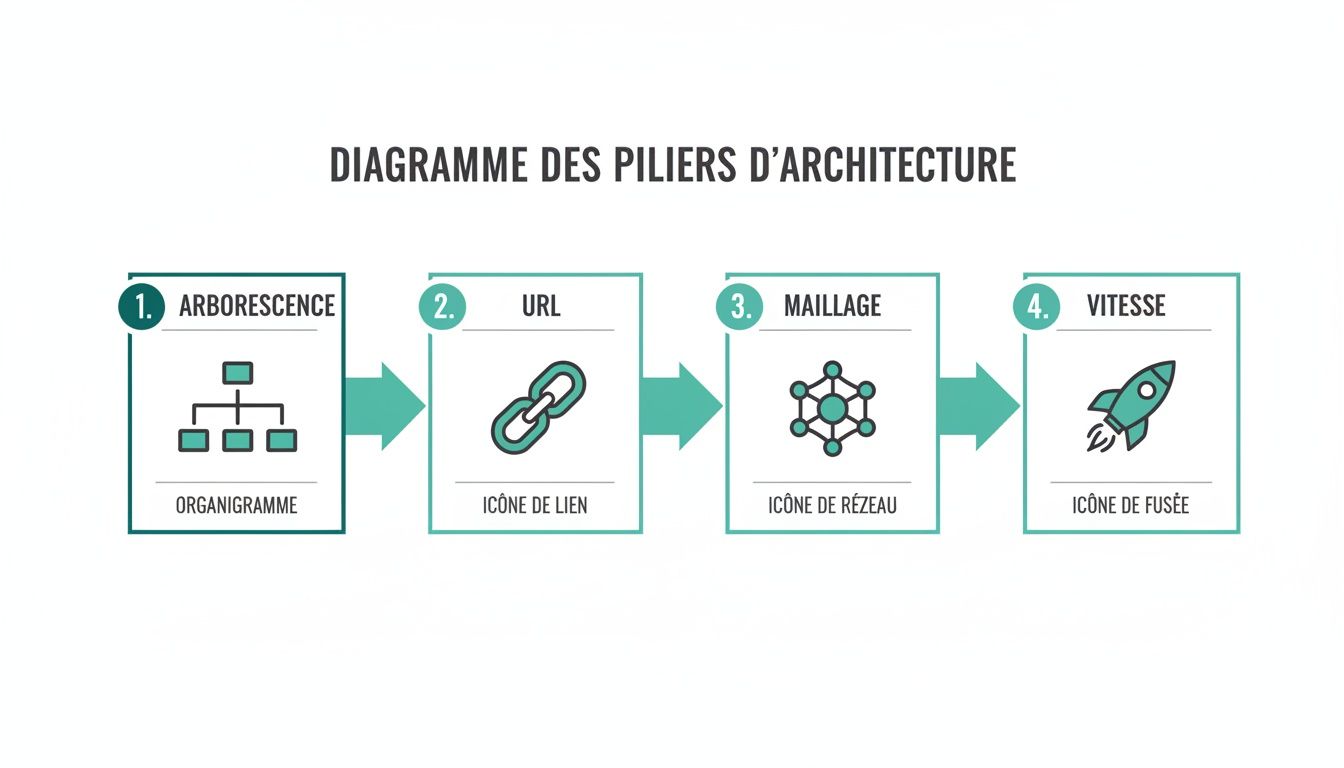 Diagramme des 4 piliers d'architecture d'un site web: arborescence, URL, maillage et vitesse, illustrés par des icônes.