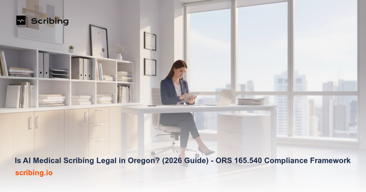 Medical exam room with laptop and privacy shield icon representing AI medical scribing compliance under Oregon law.