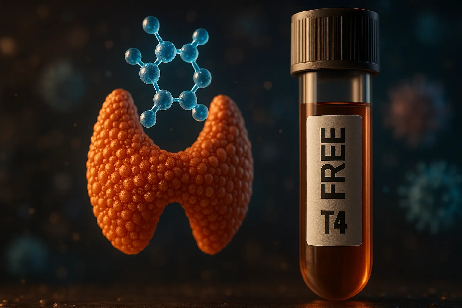 Blood tube labeled Free T4 beside a thyroid gland with a glowing T4 hormone molecule above it.