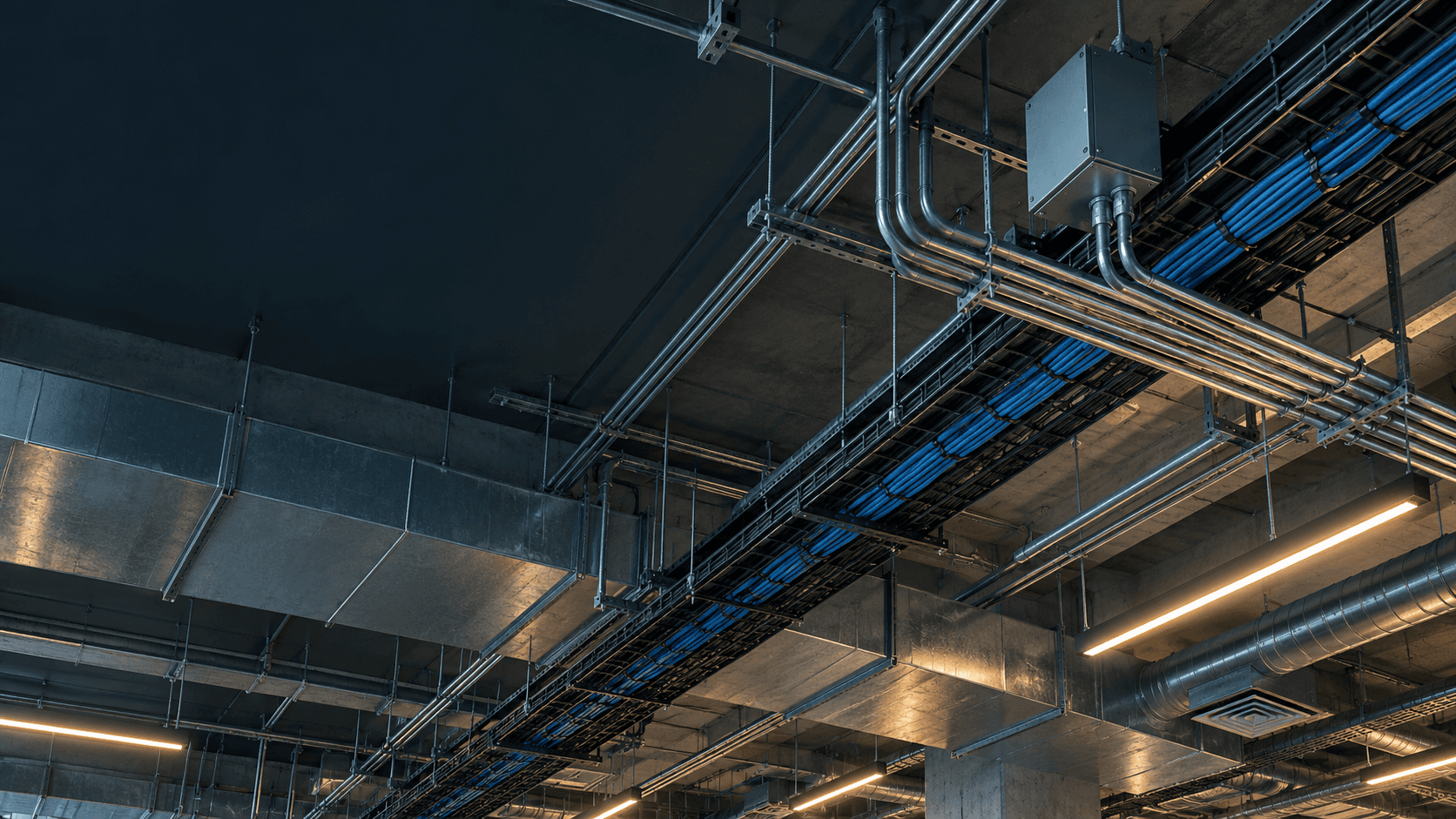 Conduit, cable trays and ductwork along a mechanical room ceiling