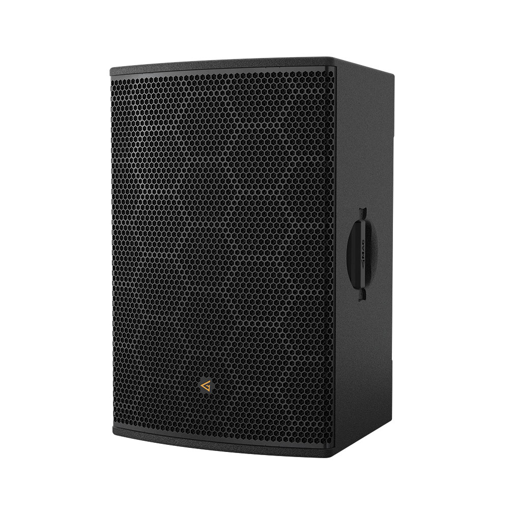 Black speaker with honeycomb grille and logo