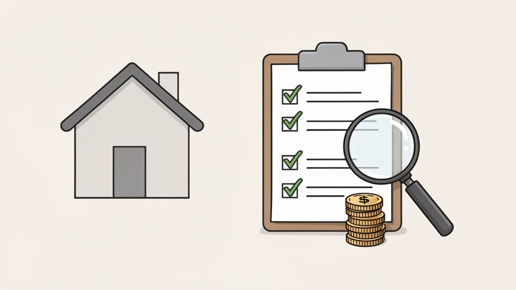 Illustration of a house, a checklist with green ticks, a magnifying glass, and a stack of coins.