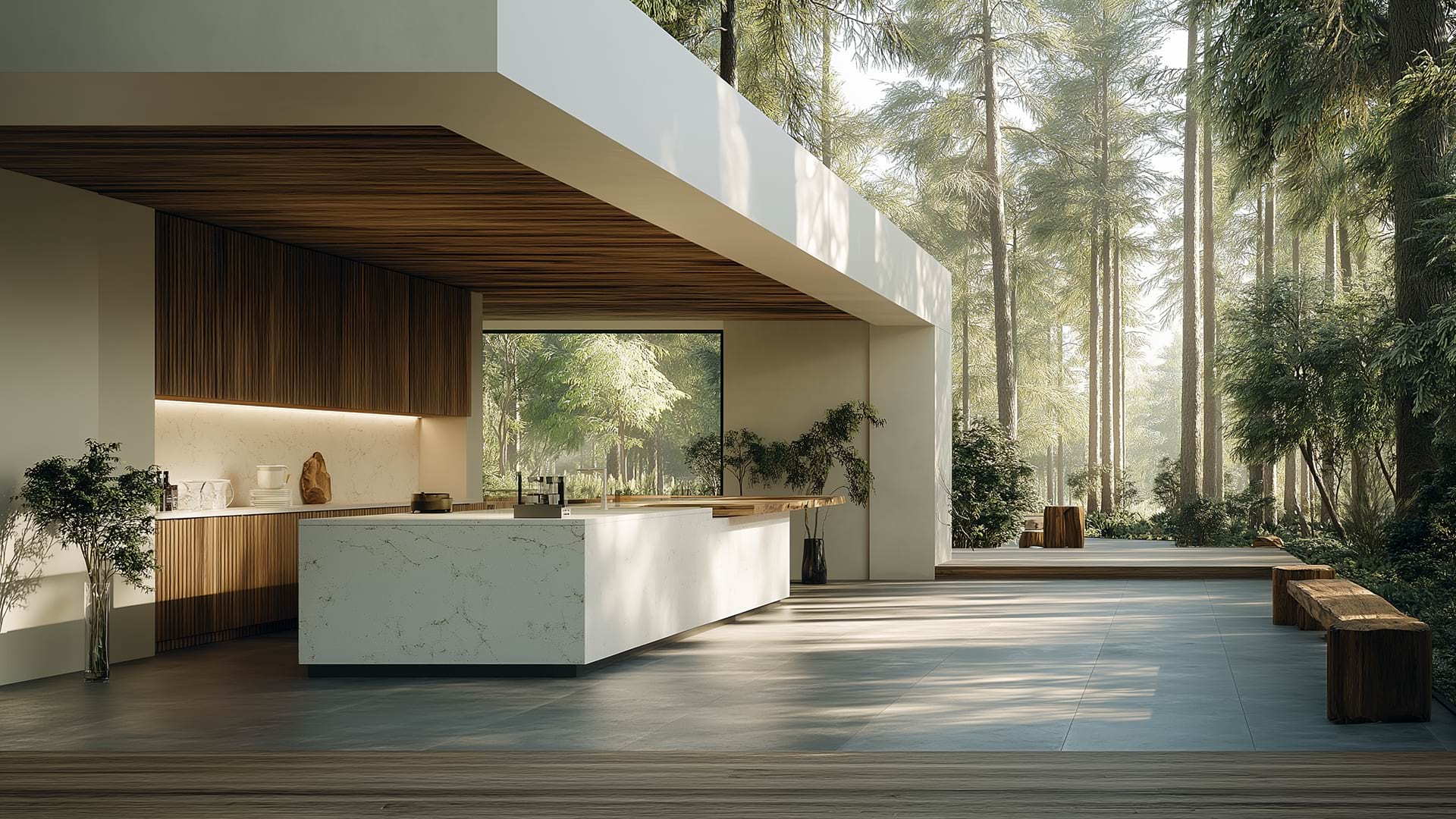 Modern open indoor kitchen with wooden accents and a large window overlooking a lush forest. Sunlight streams in, creating a serene, natural ambiance.