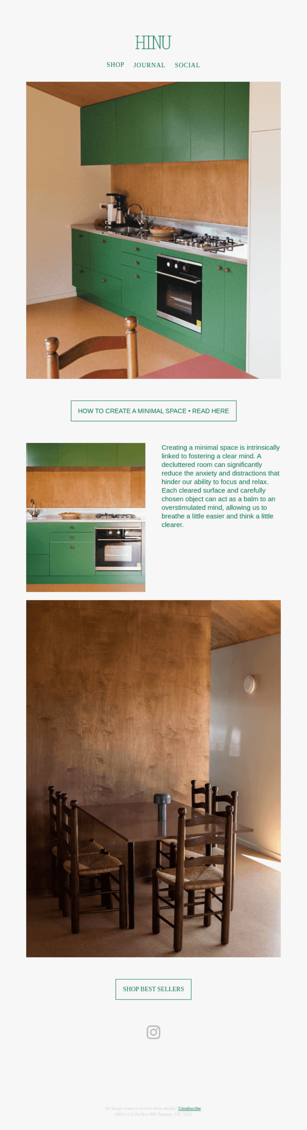 "Educational email from Hinu about creating a minimalist space, featuring a modern green kitchen and a wooden dining area, encouraging decluttering for better focus."