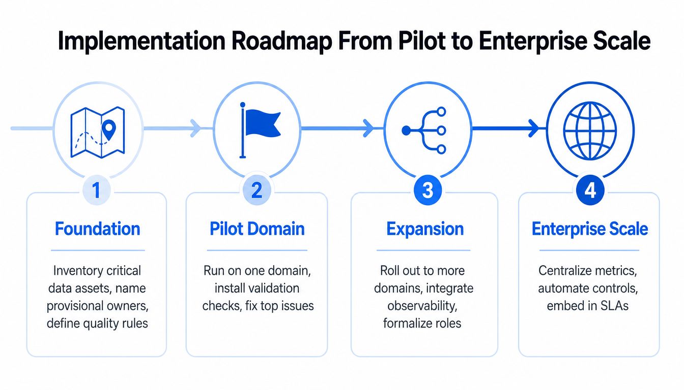 A four-step implementation roadmap diagram showing the progression from foundation to enterprise-scale data management.