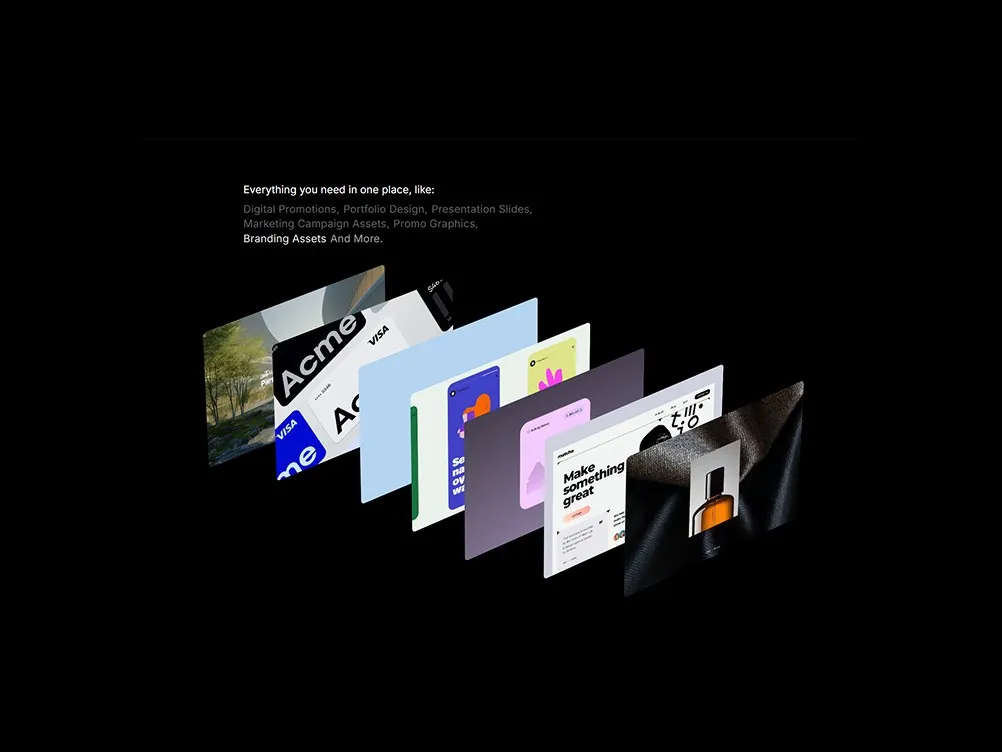 Digital assets and design elements displayed against a dark background.