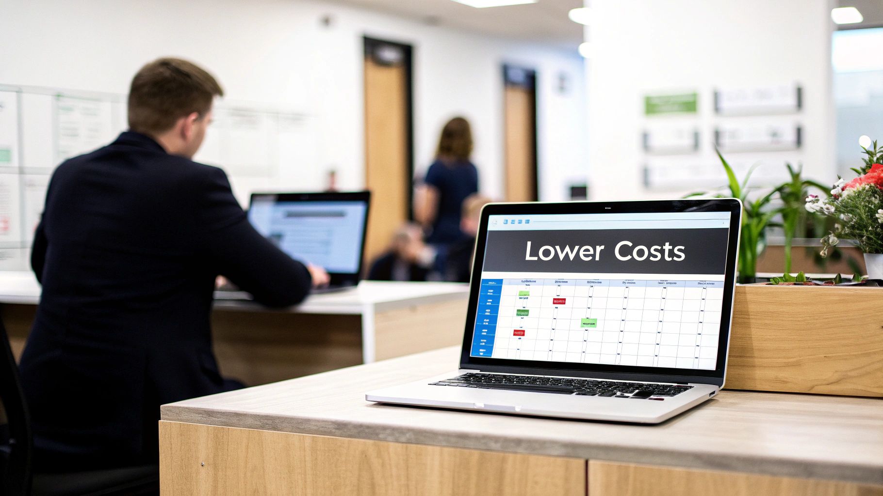 A laptop in an office displays 'Lower Costs' on its screen, featuring a spreadsheet and calendar.