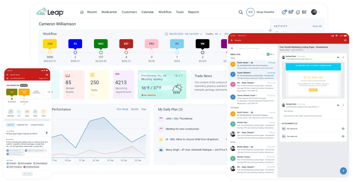 JobProgress dashboard displaying project workflow and performance metrics.