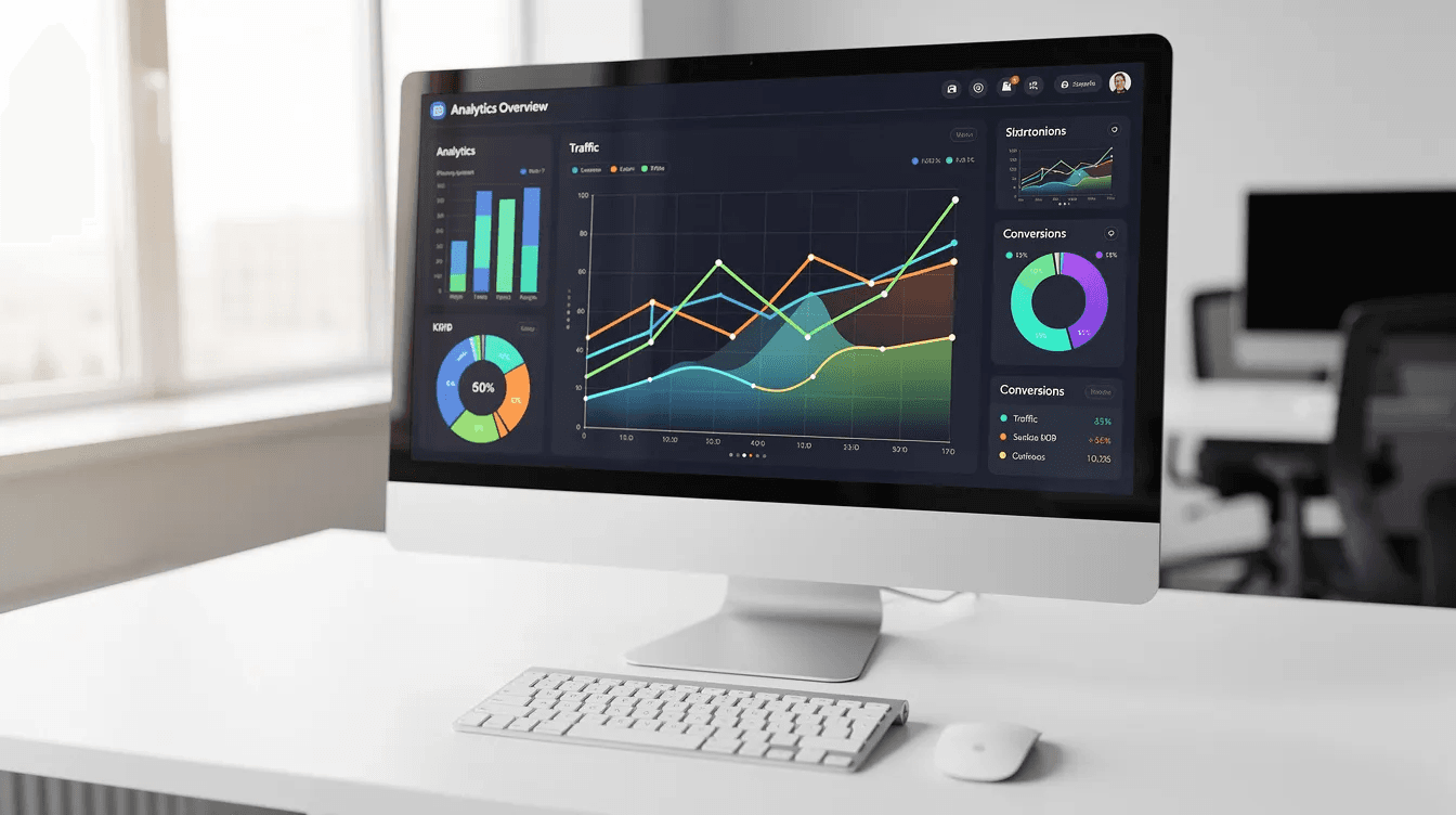La imagen muestra una pantalla de ordenador moderna que presenta un colorido panel de análisis con gráficos y tablas, reflejando información clave sobre el rendimiento del contenido y la estrategia de marketing. Este tipo de visualización es importante para entender el tráfico orgánico y las necesidades del público objetivo.