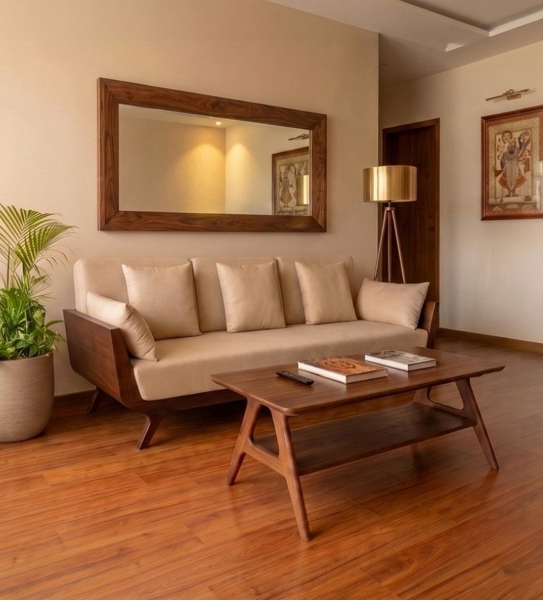 Luxury contemporary sofa with neutral fabric upholstery and exposed wooden frame