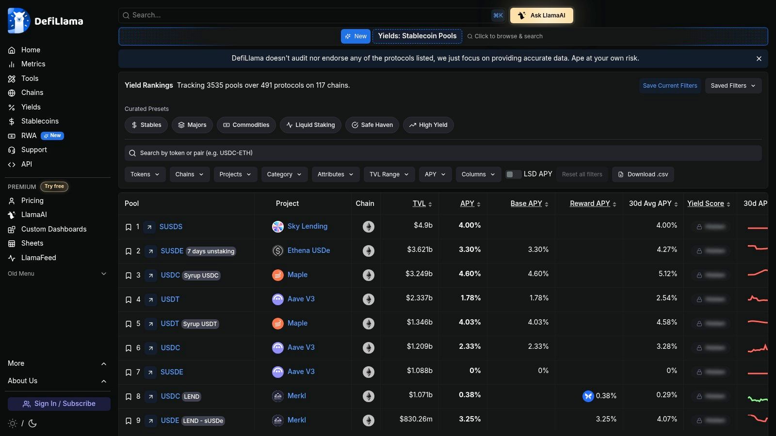 DeFiLlama Yields (Stablecoins)
