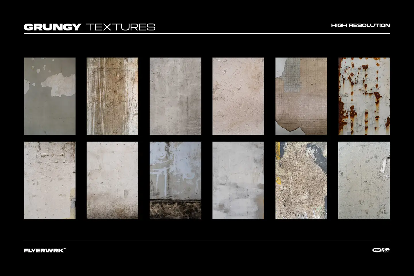Grunge textures pack showing ten distressed wall surfaces with peeled paint and high resolution grit