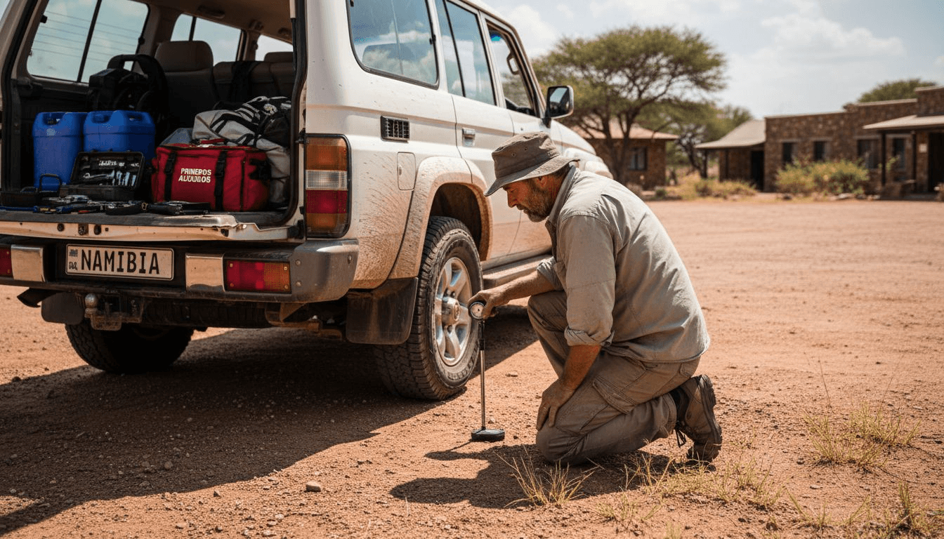 Un hombre revisa el equipo del vehículo de safari