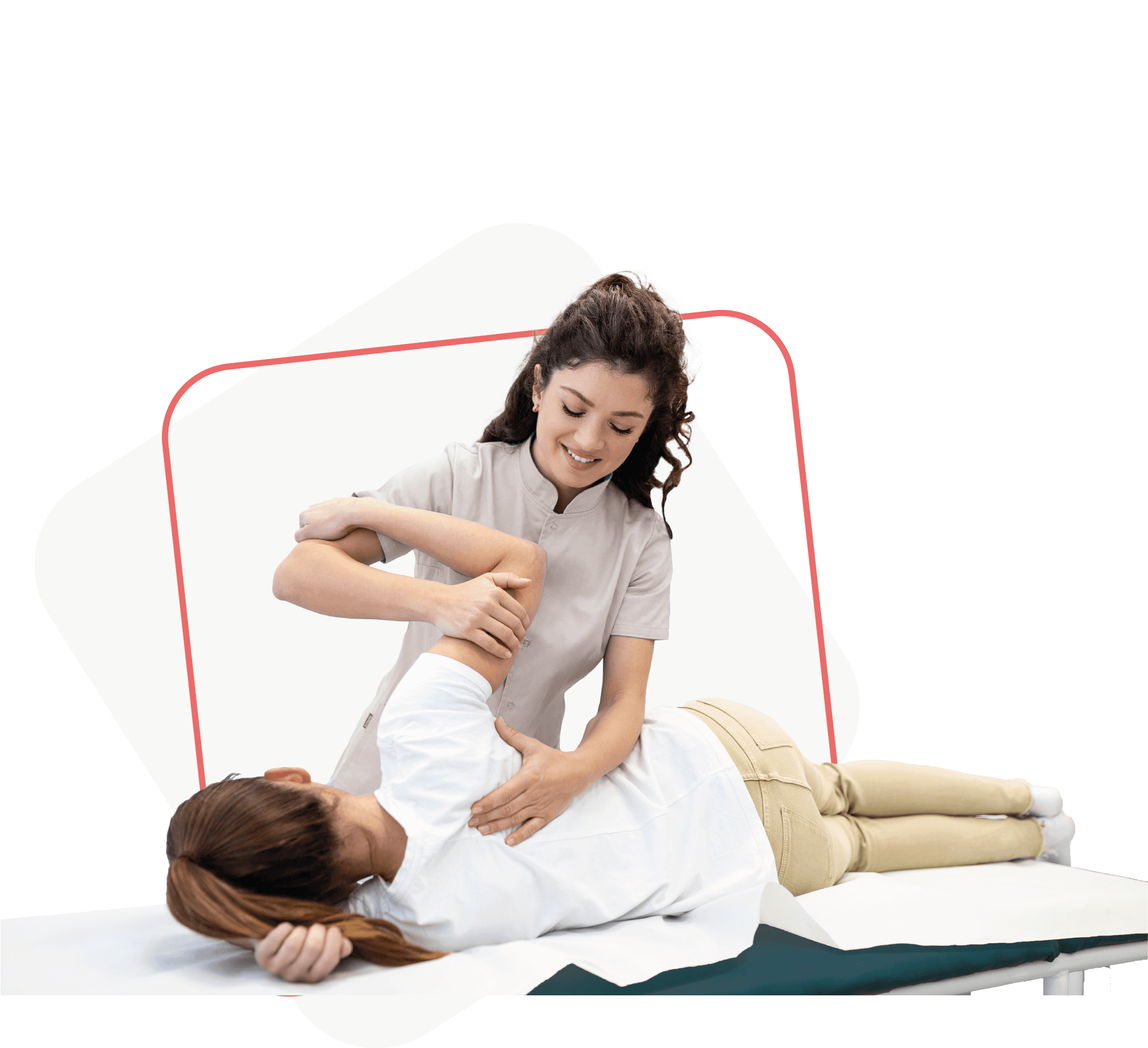 Physiotherapeut behandelt Patientin. Im Hintergrund sind ein graues und ein rosanes Quadrat