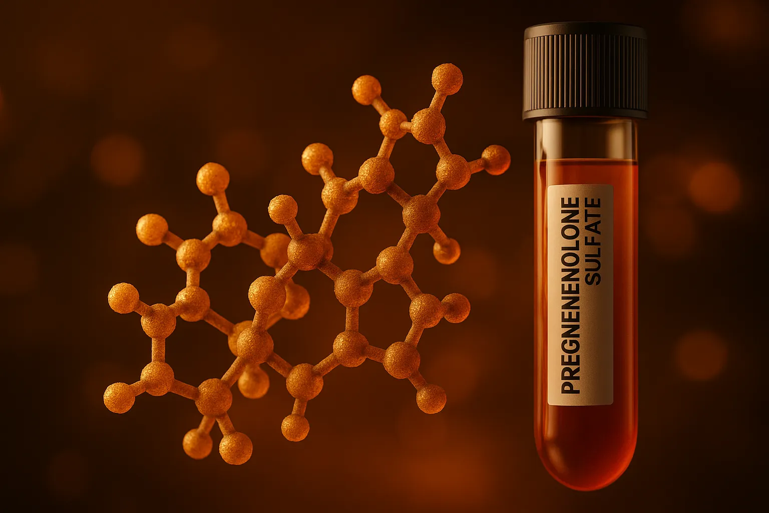 Blood tube labeled pregnenolone sulfate beside a glowing amber steroid-molecule model.