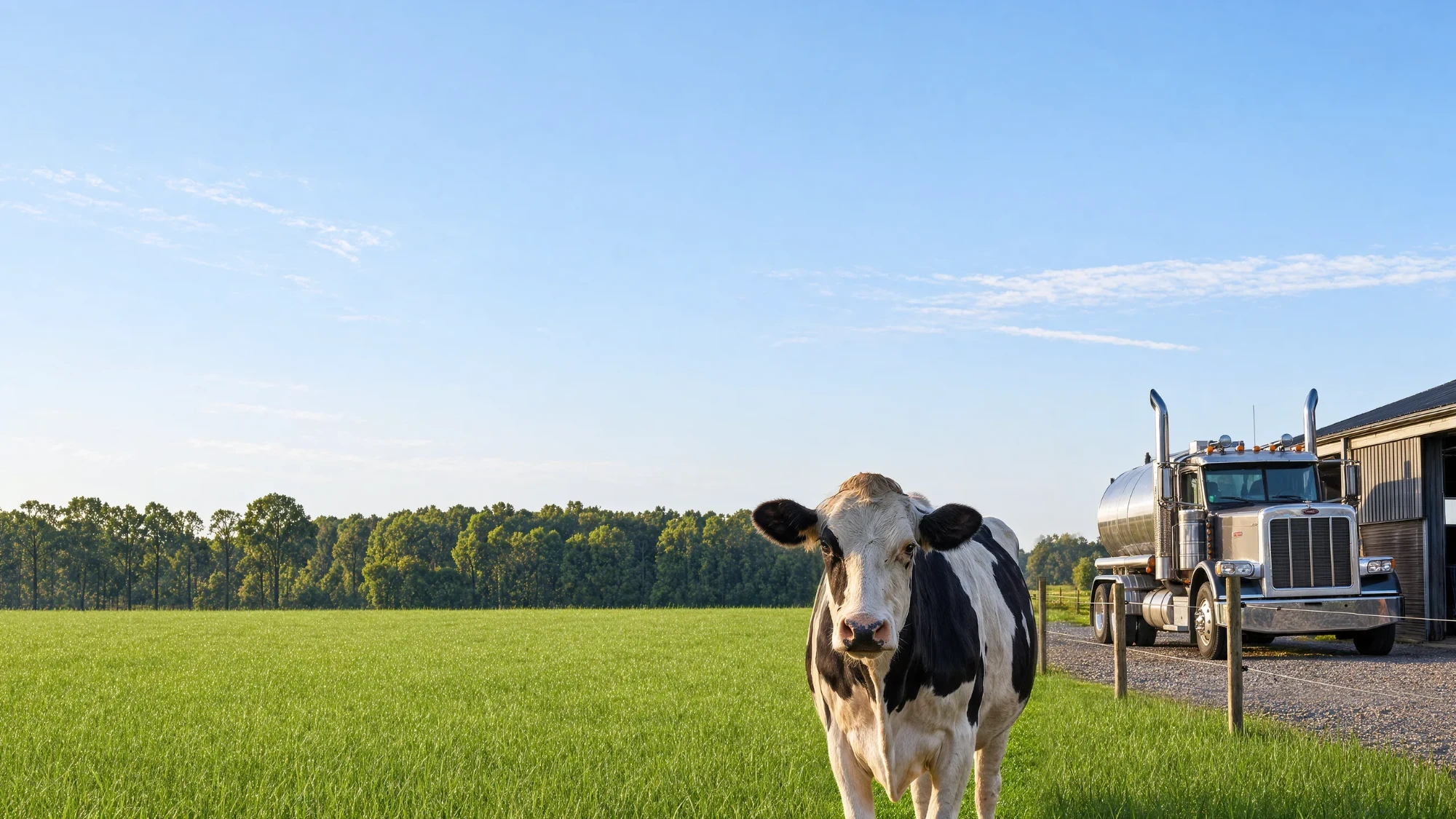 Holstein cow in a green pasture with a milk tanker parked at the farm