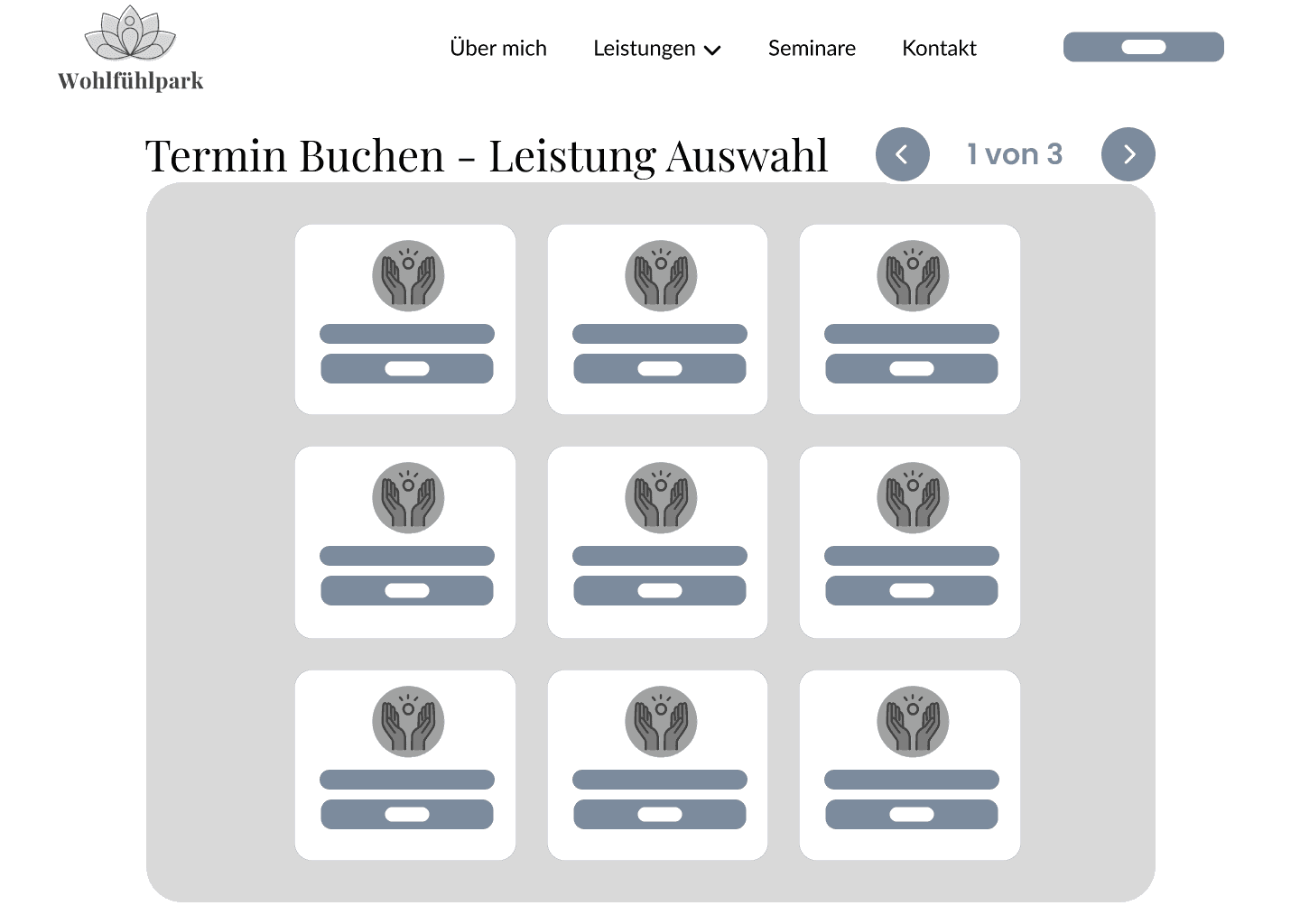 Wireframe von Desktop: Buchung Leistungsauswahl