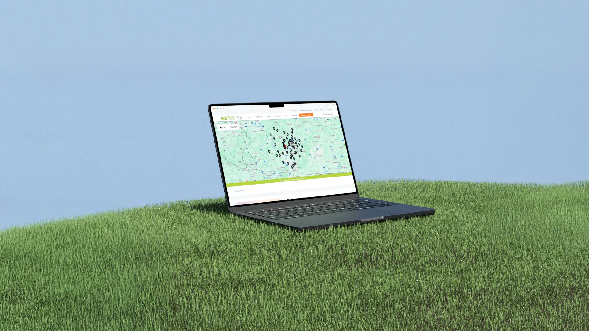 Ein Laptop, auf dem die VCG-Website mit den verfügbaren Standorten angezeigt wird. Der Laptop steht auf einer Wiese.