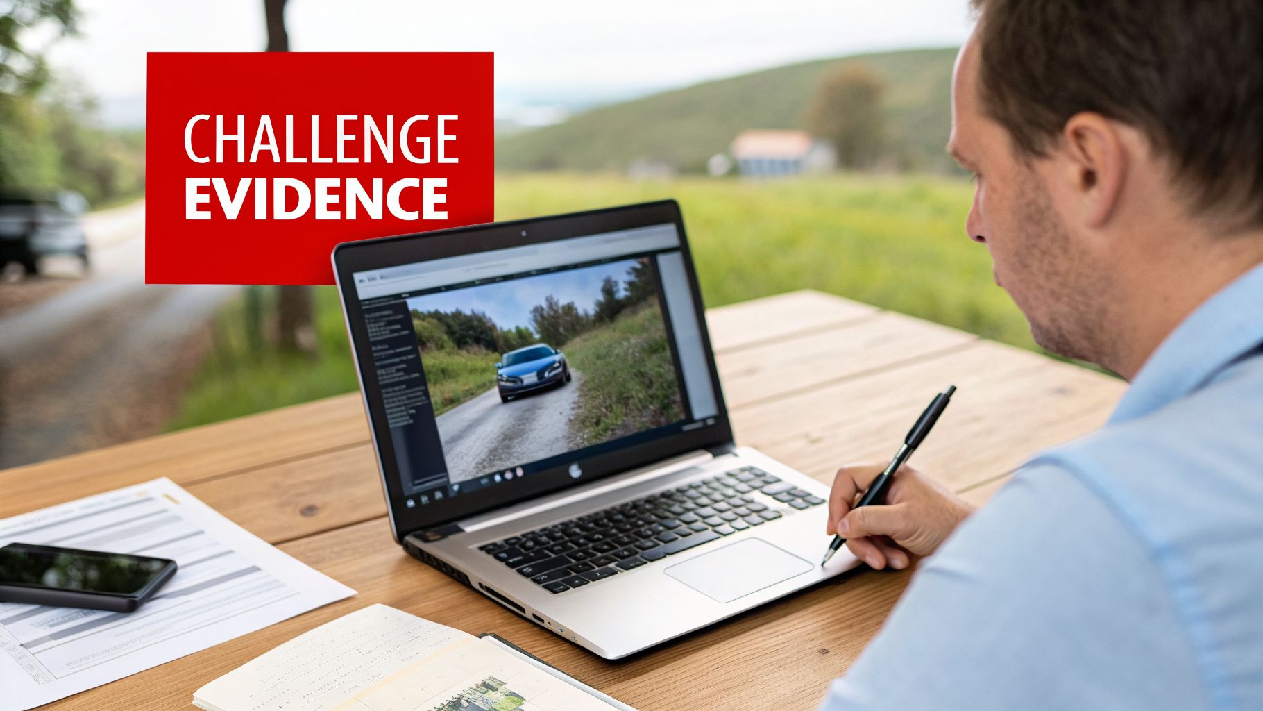 A man outdoors works on a laptop showing a car image, writing, with 'CHALLENGE EVIDENCE' text.