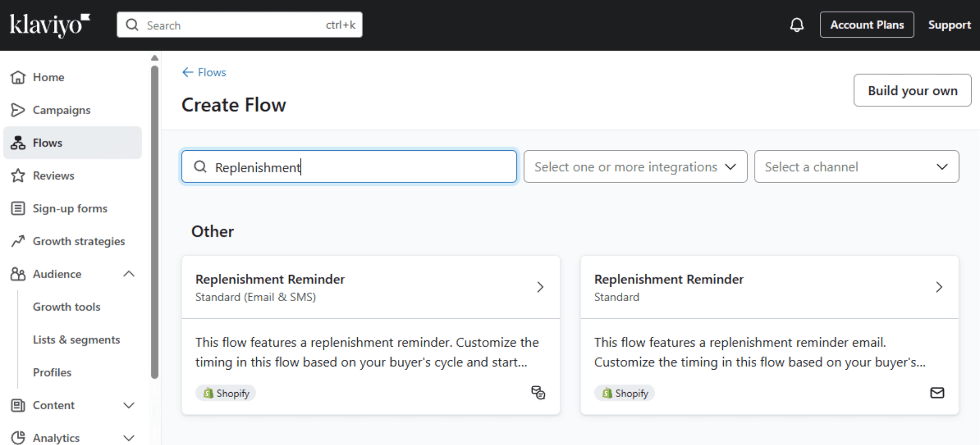 Set Up the Flow.png – A screenshot of Klaviyo’s flow creation interface, showing the setup for a replenishment reminder email flow, with customization options.