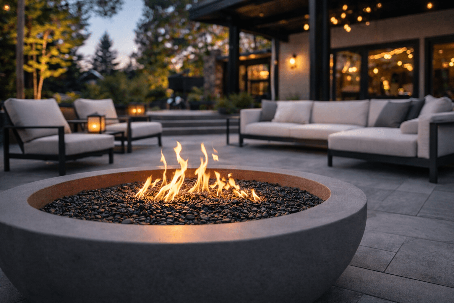 Modern backyard fire pit lounge area with outdoor sofa seating.