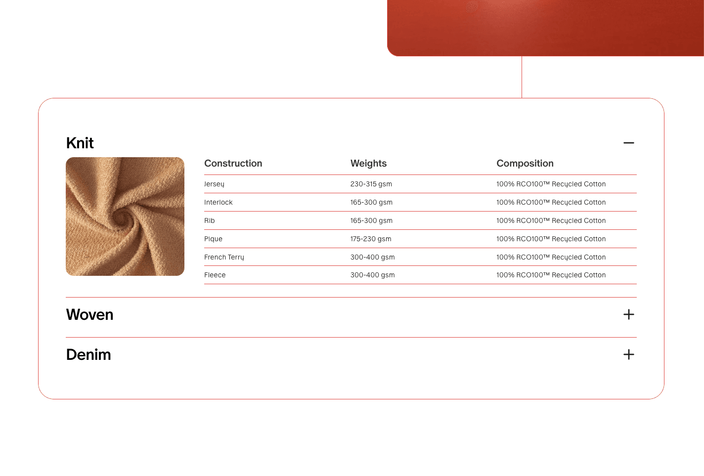 Säntis Textiles website knit fabric specifications table showing construction types, weights, and 100% RCO100 recycled cotton composition for each material