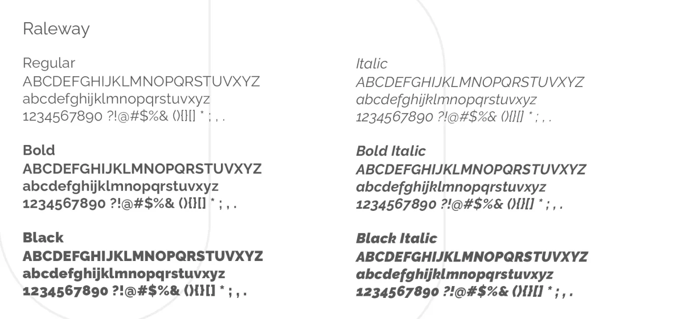 Raleway specimens in Regular, Bold, and Black, each shown upright and italic with letters, numerals, and punctuation.
