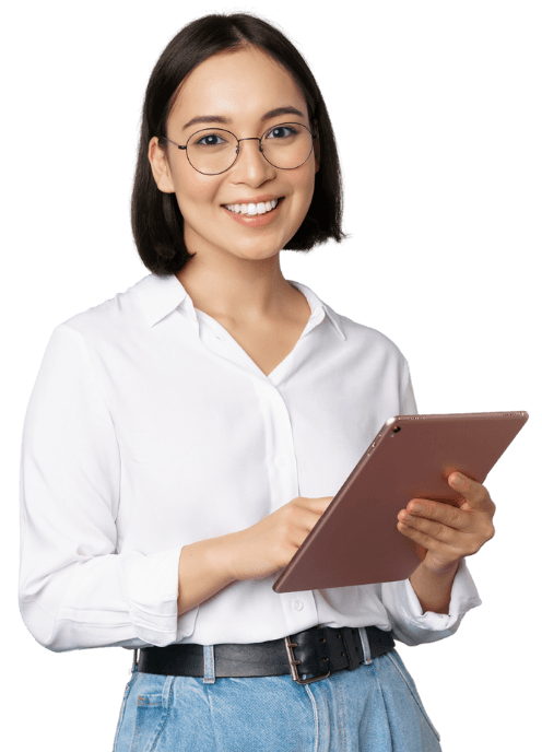 a woman holding a tablet