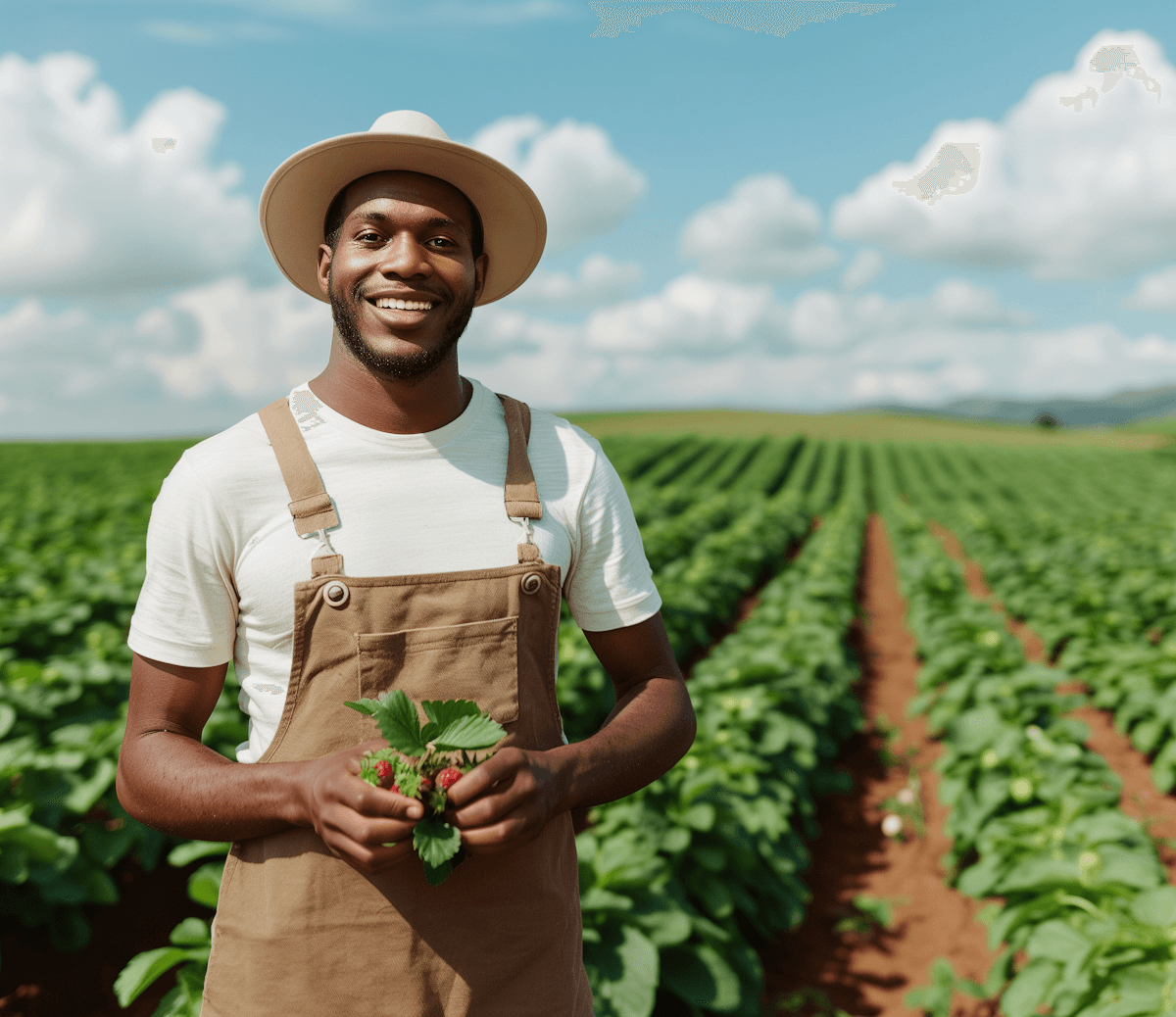 man standing in the middle of a farm smiling