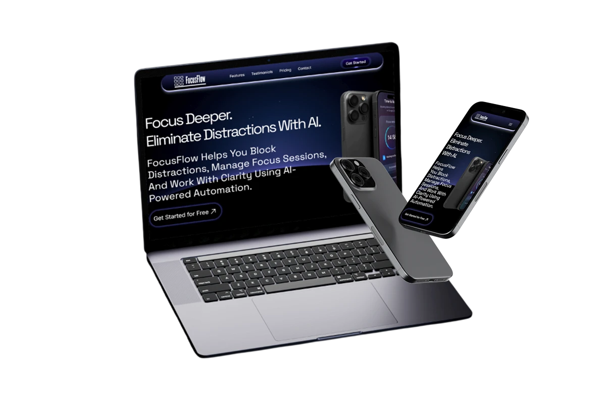 Mockup de landing page para FocusFlow, herramienta de productividad con inteligencia artificial, vista en desktop y móvil