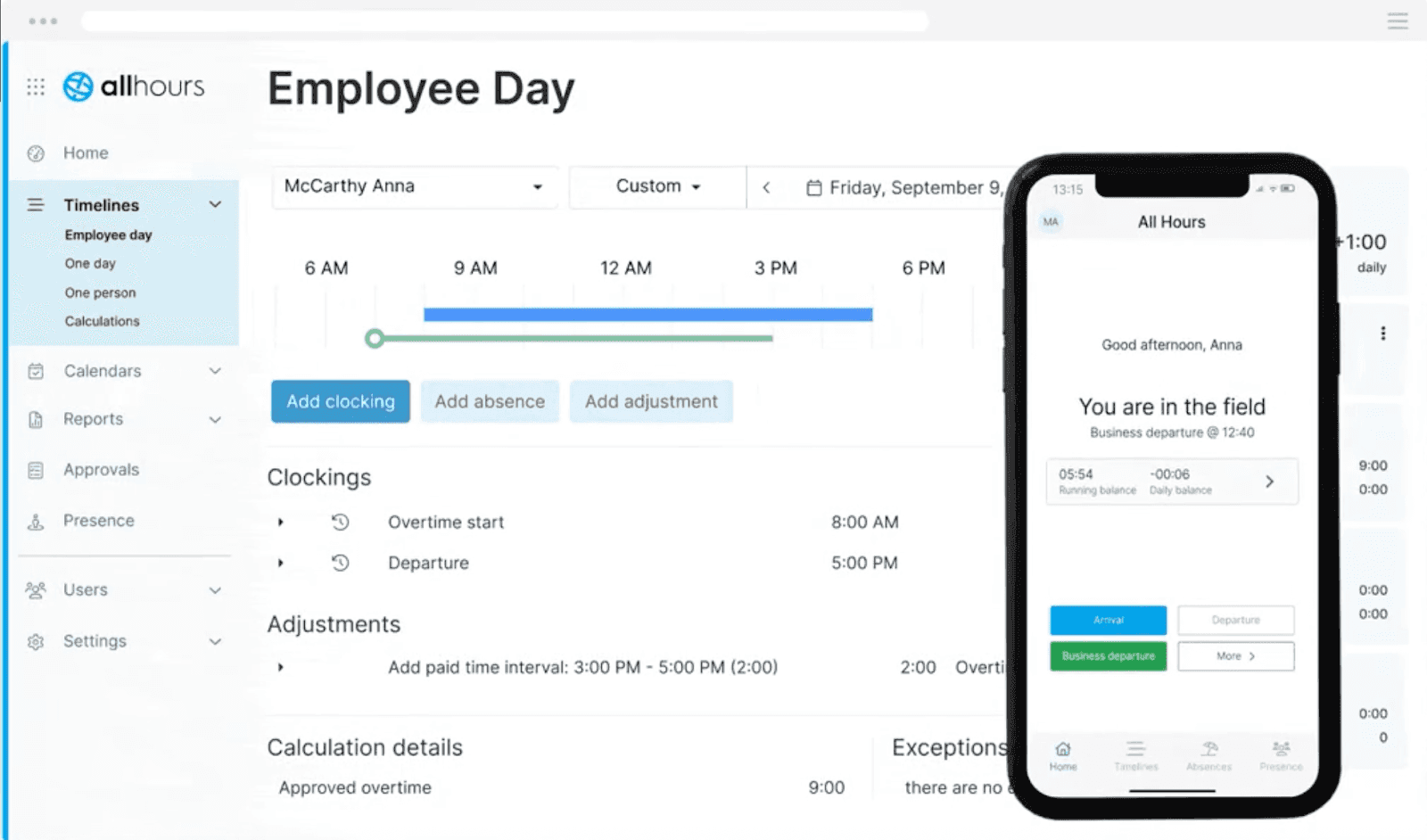 Spica (All Hours)’s employee time tracking interface