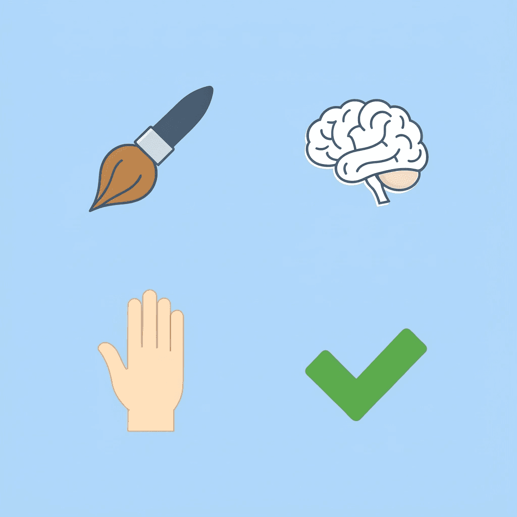 Four-box grid showing sustained attention, fine motor control, task completion, and decision making with corresponding icons